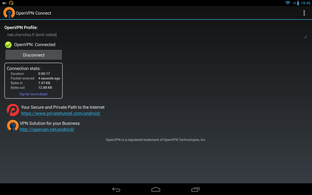 Working OpenVPN connection on Android tablet